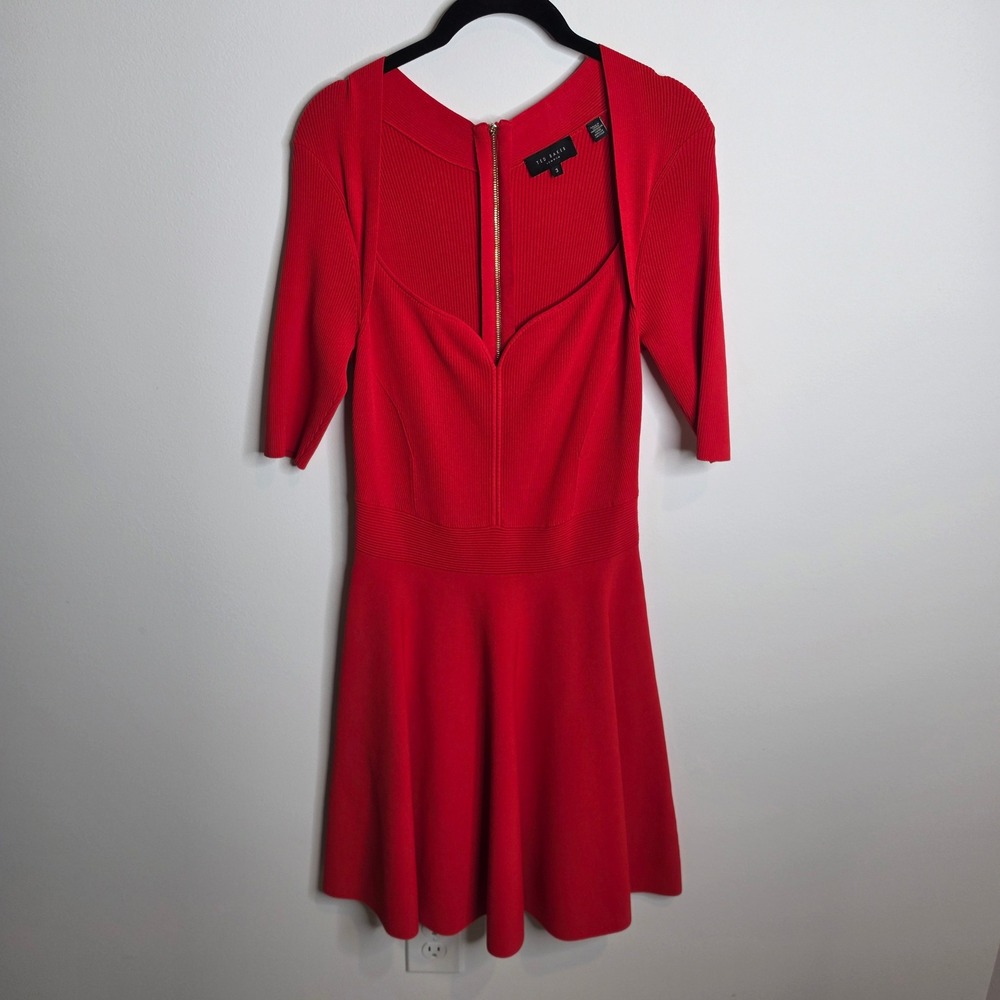 Ted Baker Skater Dress Womens 3 (US 8) Red Ribbed Knit Fit and Flare Millly